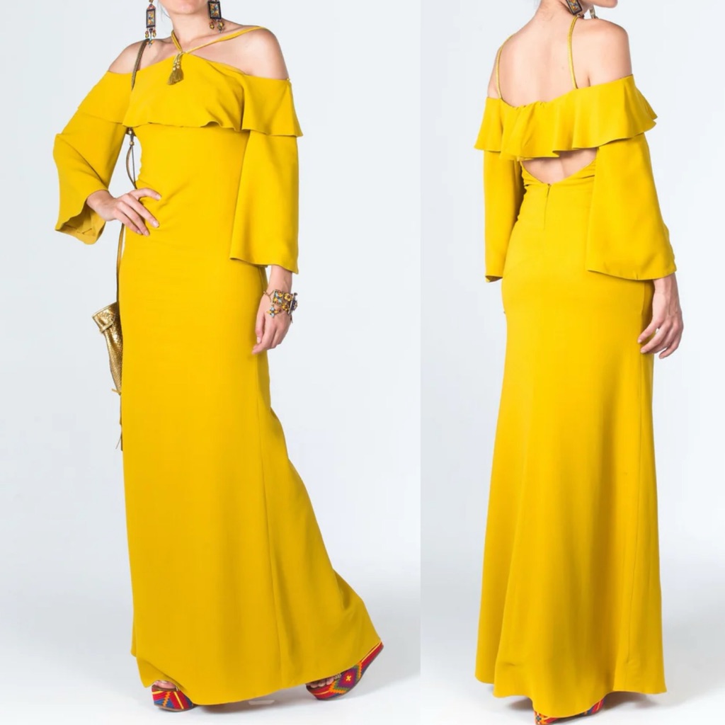 Roberto Cavalli Mustard Yellow Off Shoulder Maxi Dress